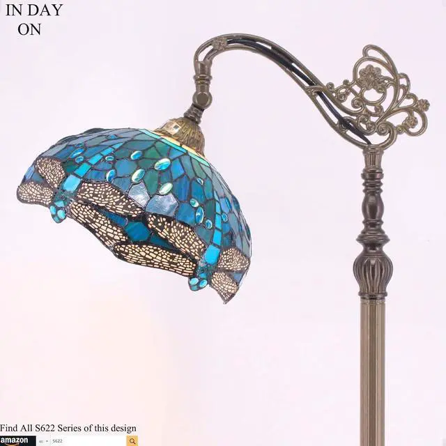 Alt view image 4 of 6 - WERFACTORY Tiffany Floor Lamp Sea Blue Stained Glass Dragonfly Arched Lamp 12X18X64 Inches Gooseneck Adjustable Corner Standing Reading Light Decor Bedroom Living Room S622 Series