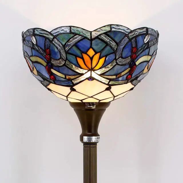 Alt view image 2 of 7 - WERFACTORY Tiffany Floor Lamp Blue Lotus Flower Stained Glass Light 12X12X66 Inches Pole Torchiere Standing Corner Torch Uplight Decor Bedroom Living Room Home Office S220 Series