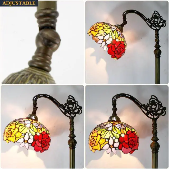 Alt view image 7 of 7 - WERFACTORY Tiffany Floor Lamp Red Rose Flower Stained Glass Arched Lamp 10X18X64 Inches Gooseneck Adjustable Corner Standing Reading Light Decor Bedroom Living Room S001 Series