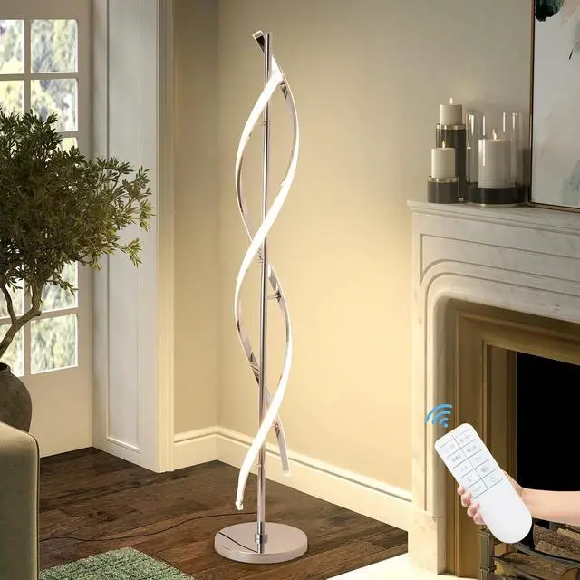 Alt view image 2 of 7 - LED Modern Floor Lamp for Living Room, 40W 3 Colors Stepless Dimmable and Color-Changing Bright Floor Standing Lamp,60" Unique Spiral Floor Tall Lamp for Bedroom Office with Remote,Chrome