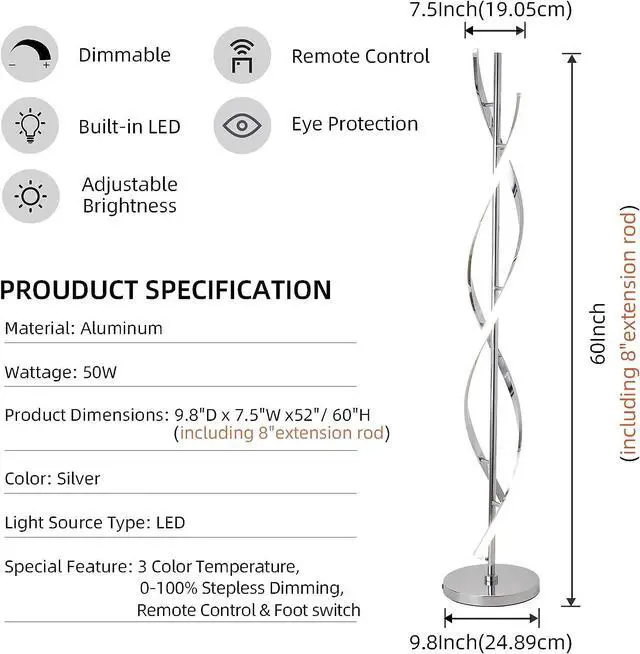 Alt view image 3 of 7 - LED Modern Floor Lamp for Living Room, 40W 3 Colors Stepless Dimmable and Color-Changing Bright Floor Standing Lamp,60" Unique Spiral Floor Tall Lamp for Bedroom Office with Remote,Chrome