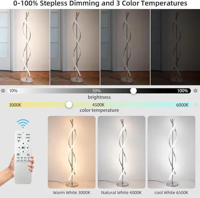 Alt view image 4 of 7 - LED Modern Floor Lamp for Living Room, 40W 3 Colors Stepless Dimmable and Color-Changing Bright Floor Standing Lamp,60" Unique Spiral Floor Tall Lamp for Bedroom Office with Remote,Chrome