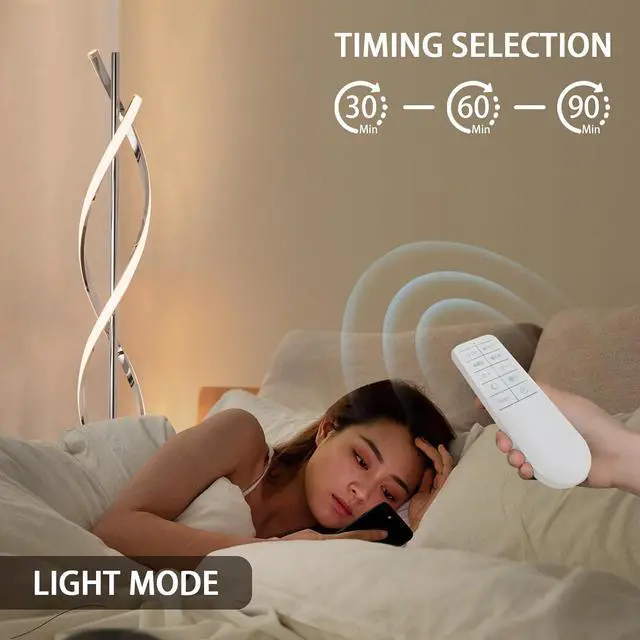 Alt view image 5 of 7 - LED Modern Floor Lamp for Living Room, 40W 3 Colors Stepless Dimmable and Color-Changing Bright Floor Standing Lamp,60" Unique Spiral Floor Tall Lamp for Bedroom Office with Remote,Chrome
