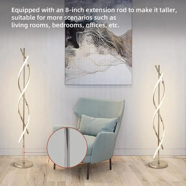 Alt view image 7 of 7 - LED Modern Floor Lamp for Living Room, 40W 3 Colors Stepless Dimmable and Color-Changing Bright Floor Standing Lamp,60" Unique Spiral Floor Tall Lamp for Bedroom Office with Remote,Chrome