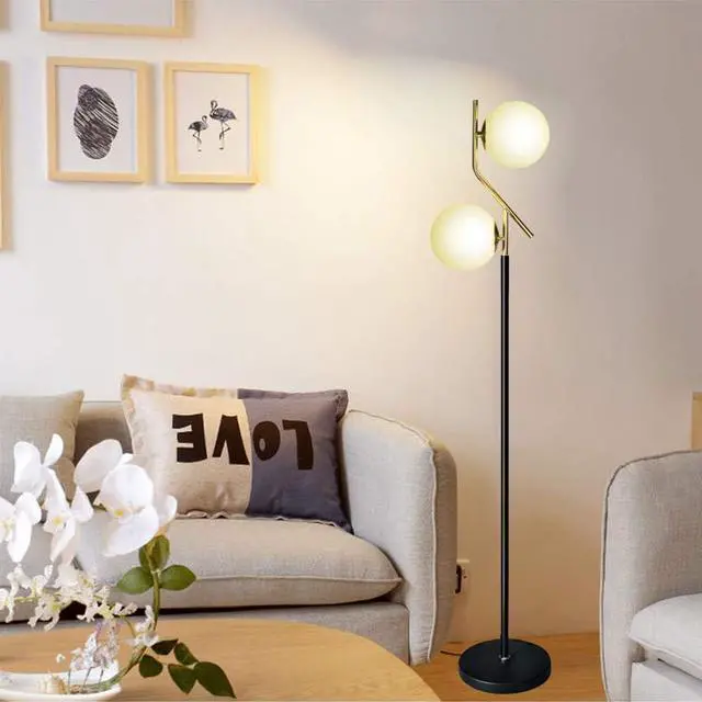 Alt view image 3 of 7 - Hsyile Lighting KU300208 Modern Style Two Milky White Glass Orbs and Brass Finish Floor Lamp for Living Room,Bedroom,Office,Hotel,Light Pole and Base Black Finish