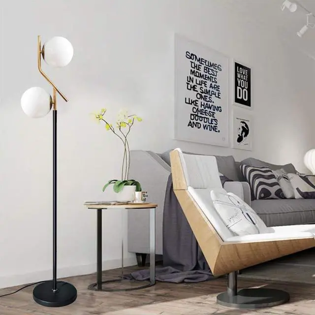 Alt view image 4 of 7 - Hsyile Lighting KU300208 Modern Style Two Milky White Glass Orbs and Brass Finish Floor Lamp for Living Room,Bedroom,Office,Hotel,Light Pole and Base Black Finish