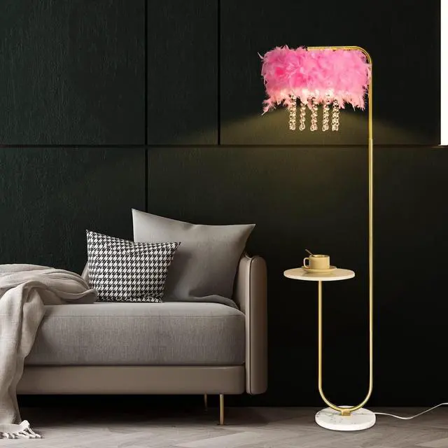 Alt view image 2 of 6 - beaysyty Unique Led Pink Feather Floor Lamp with Tray,Ostrich Feather Stand Lamp,Living Room Bedroom Office Shop Window Decoration Lamp,Foot Switch and Brass/Gold Finish Arc Floor Lamp