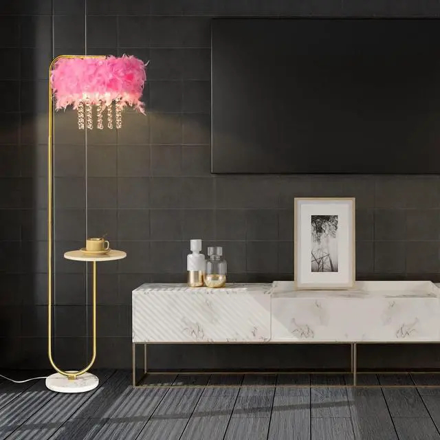 Alt view image 4 of 6 - beaysyty Unique Led Pink Feather Floor Lamp with Tray,Ostrich Feather Stand Lamp,Living Room Bedroom Office Shop Window Decoration Lamp,Foot Switch and Brass/Gold Finish Arc Floor Lamp