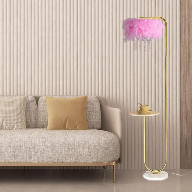 Alt view image 3 of 6 - beaysyty Unique Led Pink Feather Floor Lamp with Tray,Ostrich Feather Stand Lamp,Living Room Bedroom Office Shop Window Decoration Lamp,Foot Switch and Brass/Gold Finish Arc Floor Lamp
