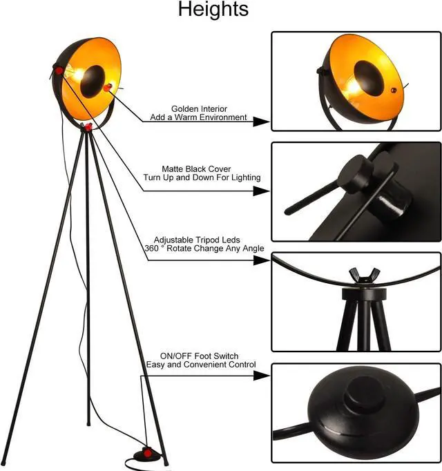 Alt view image 4 of 7 - COSYLUX Industrial Tripod Floor Lamp for Living Room, Modern Satellite Tall Standing Lamps for Bedrooms Black Gold (No Bulbs)