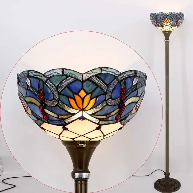 Alt view image 3 of 7 - WERFACTORY Tiffany Floor Lamp Blue Lotus Flower Stained Glass Light 12X12X66 Inches Pole Torchiere Standing Corner Torch Uplight Decor Bedroom Living Room Home Office S220 Series