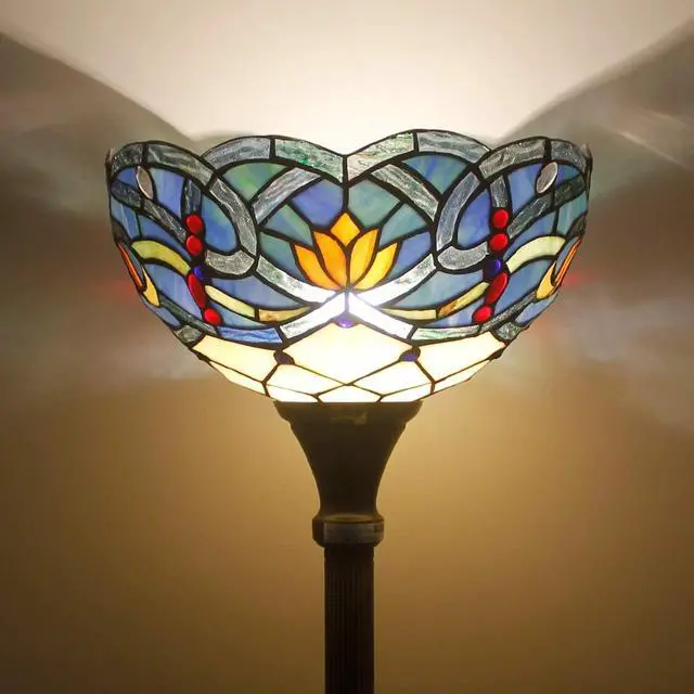 Alt view image 4 of 7 - WERFACTORY Tiffany Floor Lamp Blue Lotus Flower Stained Glass Light 12X12X66 Inches Pole Torchiere Standing Corner Torch Uplight Decor Bedroom Living Room Home Office S220 Series
