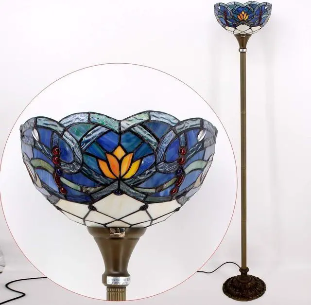 Alt view image 5 of 7 - WERFACTORY Tiffany Floor Lamp Blue Lotus Flower Stained Glass Light 12X12X66 Inches Pole Torchiere Standing Corner Torch Uplight Decor Bedroom Living Room Home Office S220 Series