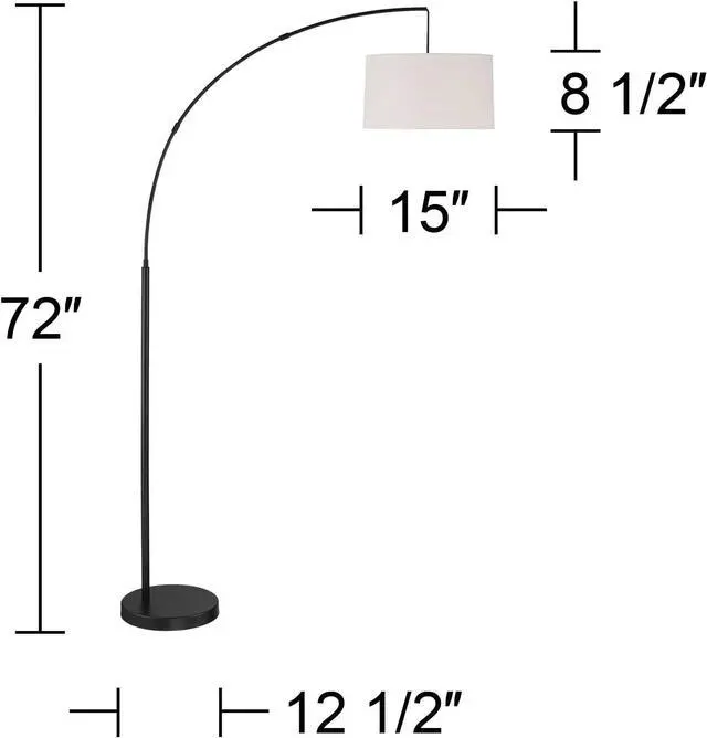 Alt view image 4 of 7 - 360 Lighting Cora Mid Century Modern Arc Floor Lamp 72" Tall Black Metal White Linen Fabric Drum Shade Decor for Living Room Reading House Bedroom Home Office House