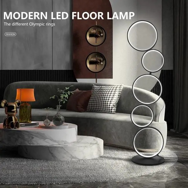 Alt view image 2 of 7 - COSYLUX LED Modern Floor Lamp for Bedroom, 3 Way Bright Dimmable Corner Floor lamp with 5-Ring 2-in-1 Standing Tall End Table Lamp for Living Room & Office Reading Light, 3260LM, 6000K, Black.