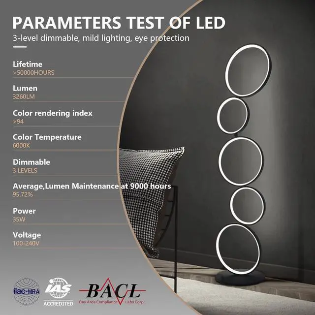 Alt view image 3 of 7 - COSYLUX LED Modern Floor Lamp for Bedroom, 3 Way Bright Dimmable Corner Floor lamp with 5-Ring 2-in-1 Standing Tall End Table Lamp for Living Room & Office Reading Light, 3260LM, 6000K, Black.