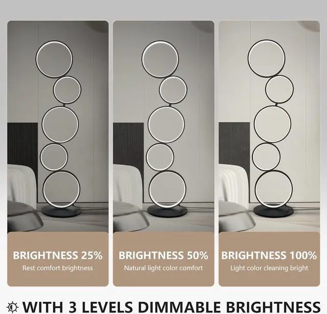 Alt view image 4 of 7 - COSYLUX LED Modern Floor Lamp for Bedroom, 3 Way Bright Dimmable Corner Floor lamp with 5-Ring 2-in-1 Standing Tall End Table Lamp for Living Room & Office Reading Light, 3260LM, 6000K, Black.