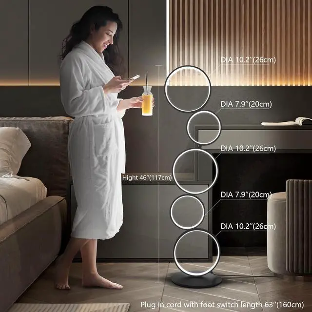 Alt view image 5 of 7 - COSYLUX LED Modern Floor Lamp for Bedroom, 3 Way Bright Dimmable Corner Floor lamp with 5-Ring 2-in-1 Standing Tall End Table Lamp for Living Room & Office Reading Light, 3260LM, 6000K, Black.