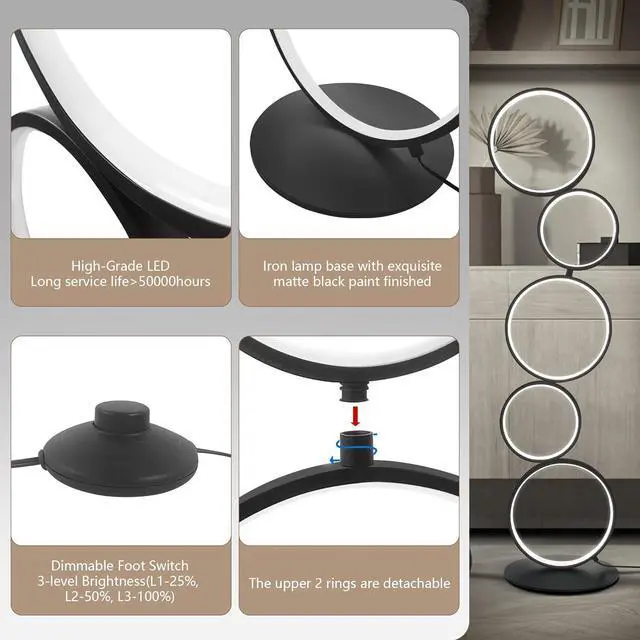 Alt view image 6 of 7 - COSYLUX LED Modern Floor Lamp for Bedroom, 3 Way Bright Dimmable Corner Floor lamp with 5-Ring 2-in-1 Standing Tall End Table Lamp for Living Room & Office Reading Light, 3260LM, 6000K, Black.