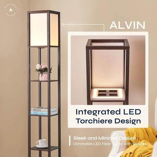 Alt view image 2 of 7 - ATAMIN Dimmable LED Floor Lamp with Shelves  Modern Standing Lamp with Foot Switch, 3-Way Brightness Control, UV Coated Wood 72" Alvin for Living Room or Bedroom