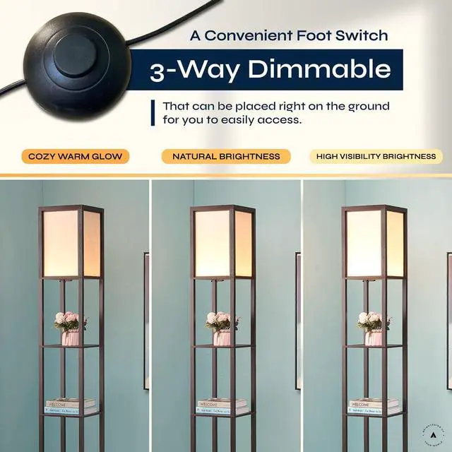 Alt view image 3 of 7 - ATAMIN Dimmable LED Floor Lamp with Shelves  Modern Standing Lamp with Foot Switch, 3-Way Brightness Control, UV Coated Wood 72" Alvin for Living Room or Bedroom