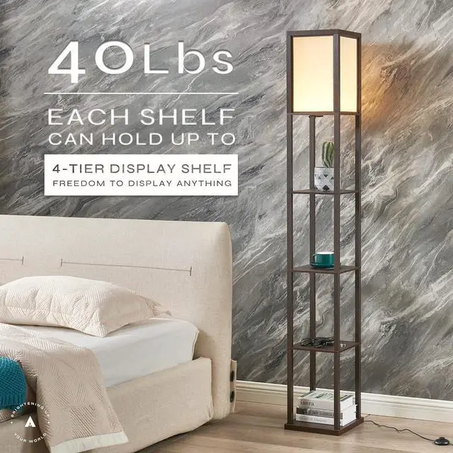 Alt view image 4 of 7 - ATAMIN Dimmable LED Floor Lamp with Shelves  Modern Standing Lamp with Foot Switch, 3-Way Brightness Control, UV Coated Wood 72" Alvin for Living Room or Bedroom