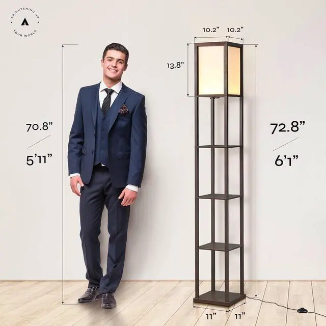 Alt view image 6 of 7 - ATAMIN Dimmable LED Floor Lamp with Shelves  Modern Standing Lamp with Foot Switch, 3-Way Brightness Control, UV Coated Wood 72" Alvin for Living Room or Bedroom