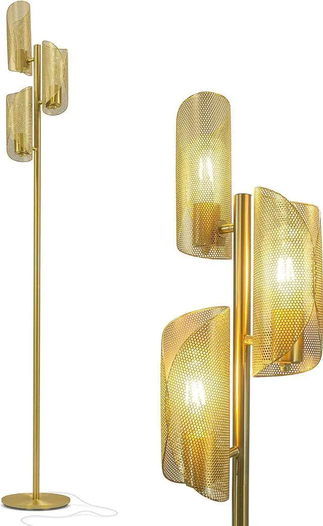 Main image of Brightech Lyra LED Tree Floor Lamp for Mid-Century Modern, Contemporary, Industrial Décor, 3 Light Head Standing Lamp with Metal Cage Shade, Standing Pole Tall Lamp for Living Room, Bedroom - Brass
