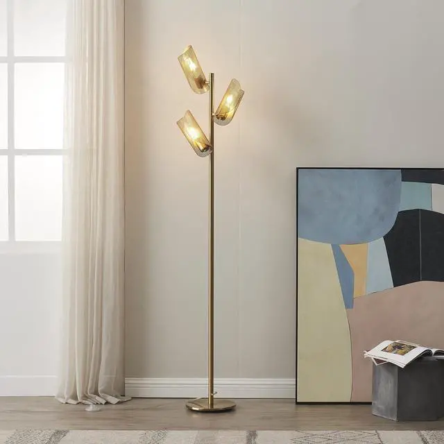 Alt view image 3 of 7 - Brightech Lyra LED Tree Floor Lamp for Mid-Century Modern, Contemporary, Industrial Décor, 3 Light Head Standing Lamp with Metal Cage Shade, Standing Pole Tall Lamp for Living Room, Bedroom - Brass