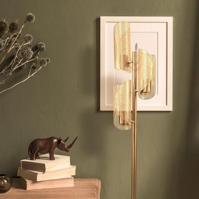 Alt view image 7 of 7 - Brightech Lyra LED Tree Floor Lamp for Mid-Century Modern, Contemporary, Industrial Décor, 3 Light Head Standing Lamp with Metal Cage Shade, Standing Pole Tall Lamp for Living Room, Bedroom - Brass
