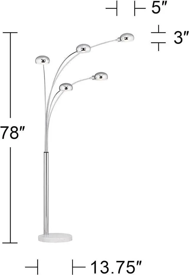 Alt view image 4 of 7 - Possini Euro Design Infini Modern Mid Century Arched Floor Lamp Standing 5-Light 78" Tall Chrome Silver Metal Marble Base Swivel Dome Shade Decor for Living Room Reading House Family Bedroom Home