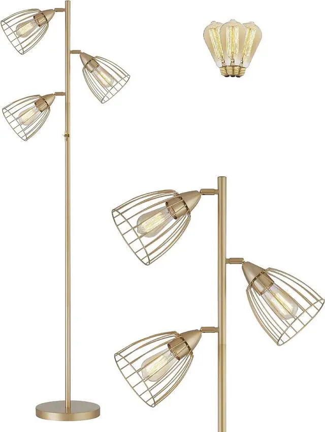 Main image of WOXXX Industrial Floor Lamp for Living Room Bright Lighting Tall Stand Up Lamp Farmhouse Rustic Modern Gold Tree Floor Lamps for Bedrooms, Office with Reading Light Standing Lamp 3 LED Bulbs Included