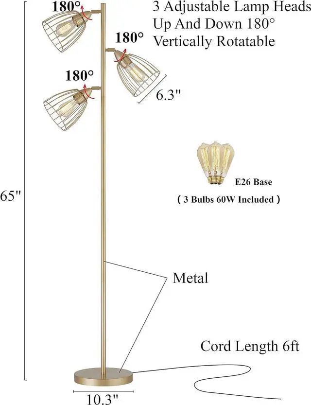Alt view image 2 of 7 - WOXXX Industrial Floor Lamp for Living Room Bright Lighting Tall Stand Up Lamp Farmhouse Rustic Modern Gold Tree Floor Lamps for Bedrooms, Office with Reading Light Standing Lamp 3 LED Bulbs Included