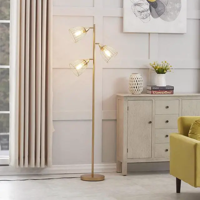 Alt view image 3 of 7 - WOXXX Industrial Floor Lamp for Living Room Bright Lighting Tall Stand Up Lamp Farmhouse Rustic Modern Gold Tree Floor Lamps for Bedrooms, Office with Reading Light Standing Lamp 3 LED Bulbs Included