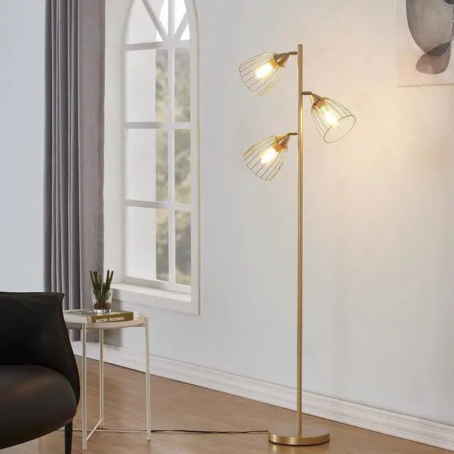 Alt view image 4 of 7 - WOXXX Industrial Floor Lamp for Living Room Bright Lighting Tall Stand Up Lamp Farmhouse Rustic Modern Gold Tree Floor Lamps for Bedrooms, Office with Reading Light Standing Lamp 3 LED Bulbs Included