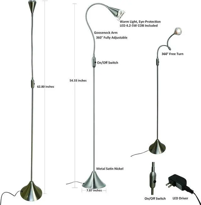 Alt view image 4 of 5 - HomeFocus - LED Floor Lamp,Standing Lamp for Reading,Eye-Caring,Stepless Dimming,Floor Lamp for Living Room,Bedroom,LED 5W,Energy Efficient Super Bright (Satin Nickel)