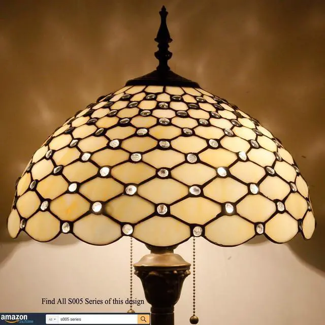 Alt view image 3 of 7 - WERFACTORY Tiffany Floor Lamp Cream Amber Stained Glass Bead Standing Reading Light 16X16X64 Inches Antique Pole Corner Lamp Decor Bedroom Living Room Home Office S005 Series