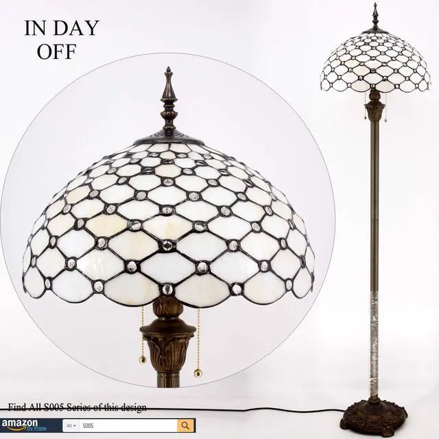 Alt view image 4 of 7 - WERFACTORY Tiffany Floor Lamp Cream Amber Stained Glass Bead Standing Reading Light 16X16X64 Inches Antique Pole Corner Lamp Decor Bedroom Living Room Home Office S005 Series
