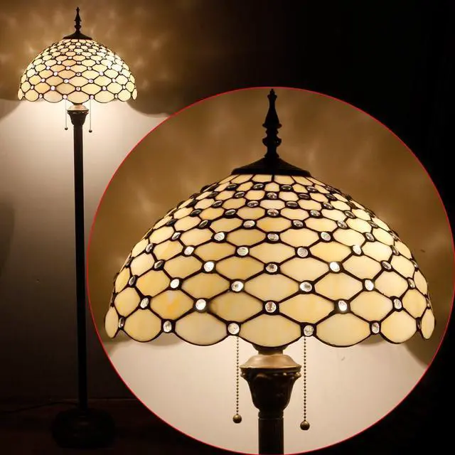 Alt view image 5 of 7 - WERFACTORY Tiffany Floor Lamp Cream Amber Stained Glass Bead Standing Reading Light 16X16X64 Inches Antique Pole Corner Lamp Decor Bedroom Living Room Home Office S005 Series