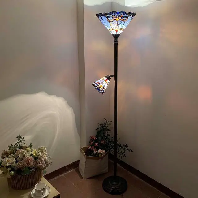 Alt view image 2 of 7 - Bieye L10686 Baroque Tiffany Style Stained Glass Torchiere Floor Lamp with Sidelight for Reading Home Decor, 71-inch Tall