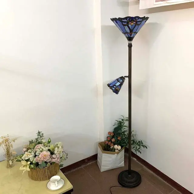 Alt view image 3 of 7 - Bieye L10686 Baroque Tiffany Style Stained Glass Torchiere Floor Lamp with Sidelight for Reading Home Decor, 71-inch Tall