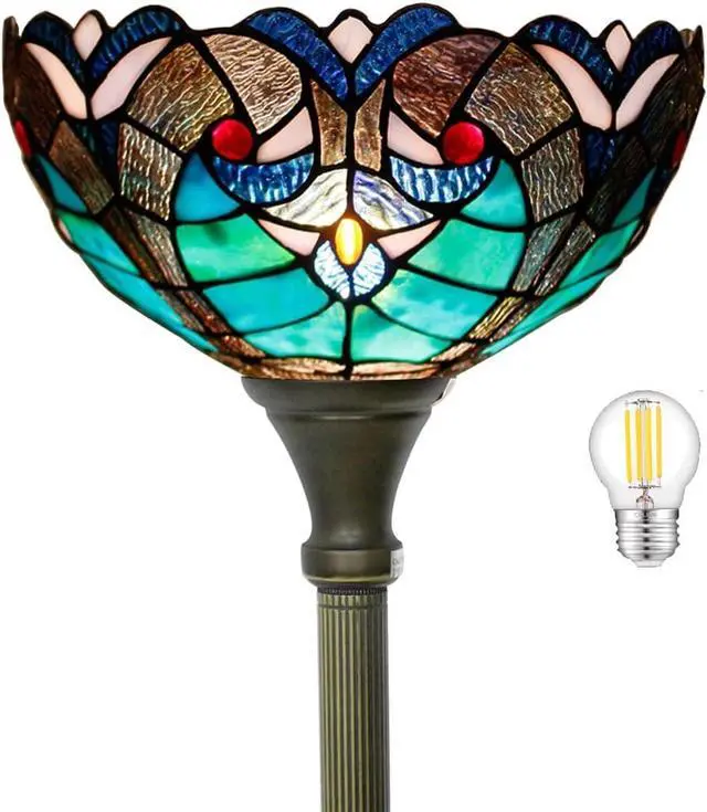 Main image of WERFACTORY Tiffany Floor Lamp Green Liaison Stained Glass Light 12X12X66 Inches Pole Torchiere Standing Corner Torch Uplight Decor Bedroom Living Room Home Office S160G Series
