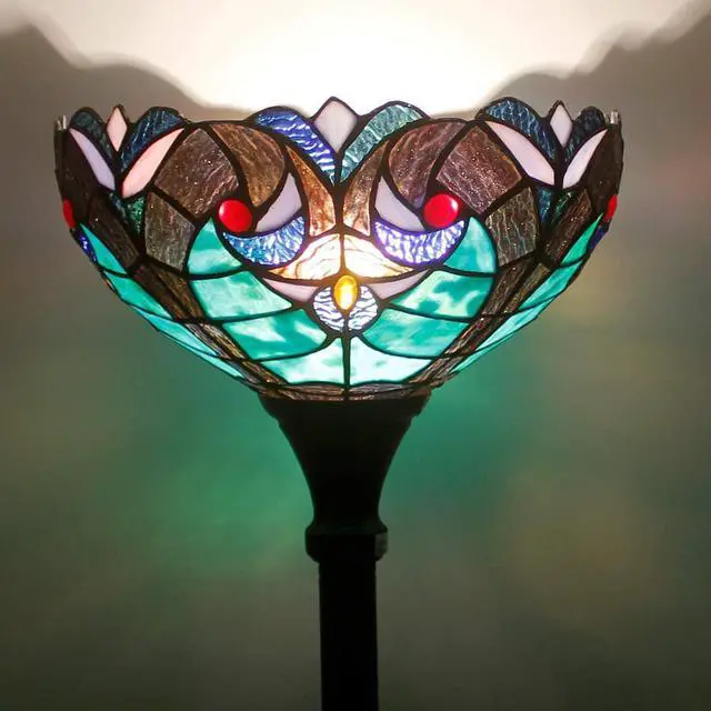 Alt view image 2 of 7 - WERFACTORY Tiffany Floor Lamp Green Liaison Stained Glass Light 12X12X66 Inches Pole Torchiere Standing Corner Torch Uplight Decor Bedroom Living Room Home Office S160G Series