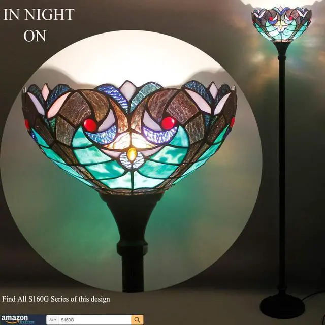 Alt view image 3 of 7 - WERFACTORY Tiffany Floor Lamp Green Liaison Stained Glass Light 12X12X66 Inches Pole Torchiere Standing Corner Torch Uplight Decor Bedroom Living Room Home Office S160G Series