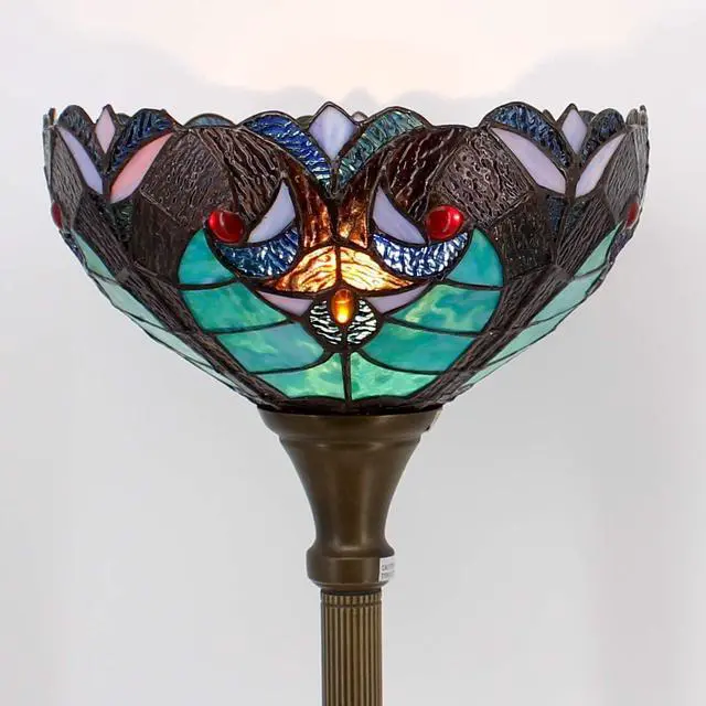 Alt view image 4 of 7 - WERFACTORY Tiffany Floor Lamp Green Liaison Stained Glass Light 12X12X66 Inches Pole Torchiere Standing Corner Torch Uplight Decor Bedroom Living Room Home Office S160G Series