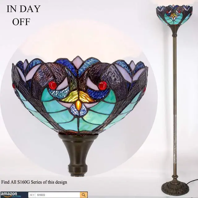 Alt view image 5 of 7 - WERFACTORY Tiffany Floor Lamp Green Liaison Stained Glass Light 12X12X66 Inches Pole Torchiere Standing Corner Torch Uplight Decor Bedroom Living Room Home Office S160G Series