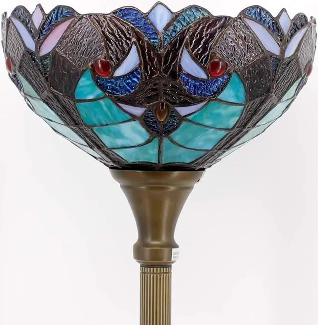 Alt view image 6 of 7 - WERFACTORY Tiffany Floor Lamp Green Liaison Stained Glass Light 12X12X66 Inches Pole Torchiere Standing Corner Torch Uplight Decor Bedroom Living Room Home Office S160G Series