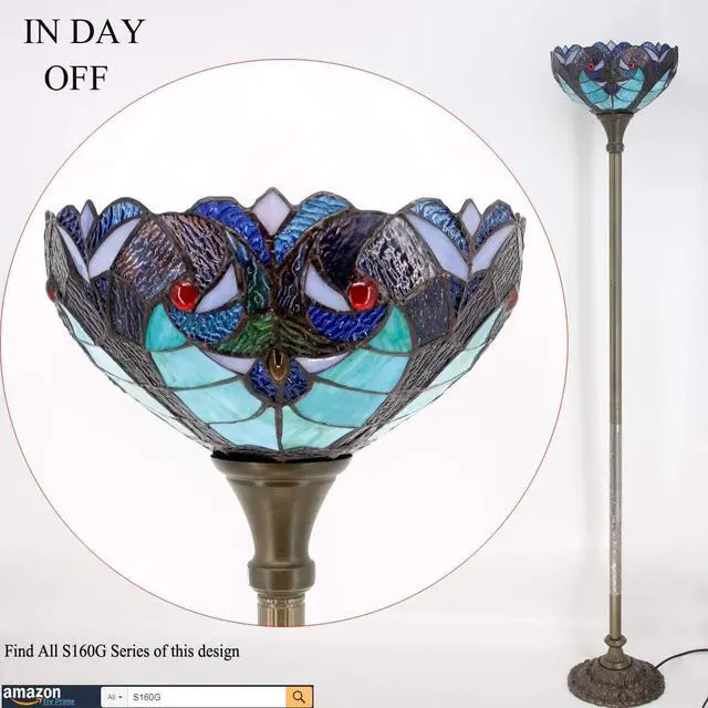 Alt view image 7 of 7 - WERFACTORY Tiffany Floor Lamp Green Liaison Stained Glass Light 12X12X66 Inches Pole Torchiere Standing Corner Torch Uplight Decor Bedroom Living Room Home Office S160G Series