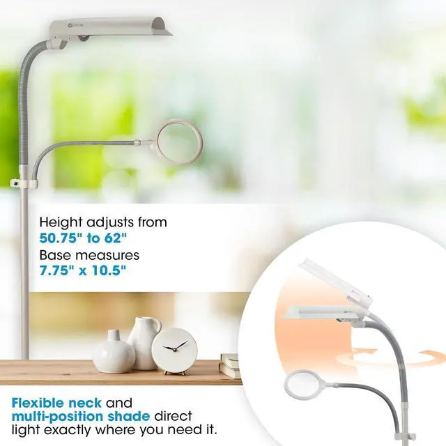 Alt view image 5 of 7 - OttLite 18w EasyView Standing Floor Lamp with Optical Grade 3X Magnifier Attachment Arm & Flexible Neck - Wide Wing Shade with Modern Design for Crafting, Work, Office, Dorm Room, Sewing & Reading
