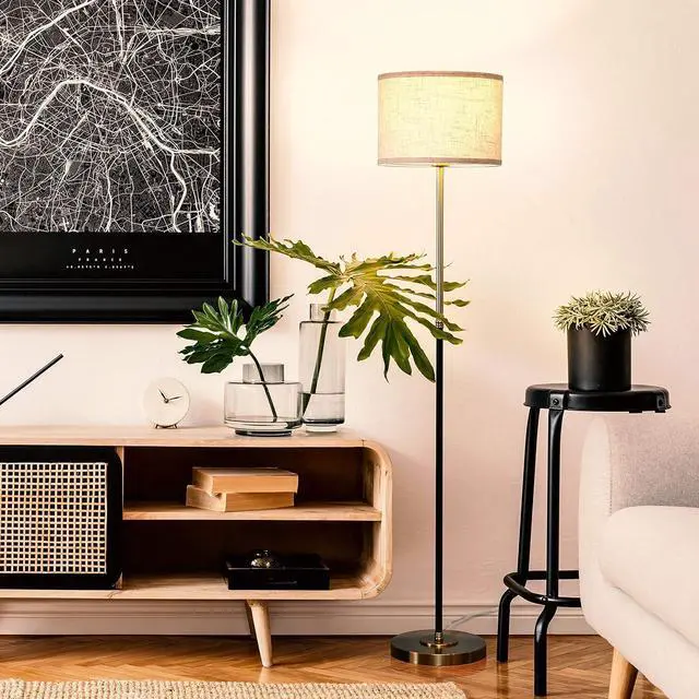 Alt view image 5 of 7 - Brightech Emery LED Floor Lamp, Mid-Century Standing Lamp for Bedroom Reading, Modern Lamp for Living Rooms & Offices, Great Living Room Décor, Tall Lamp with Drum Shade & Brass Finish